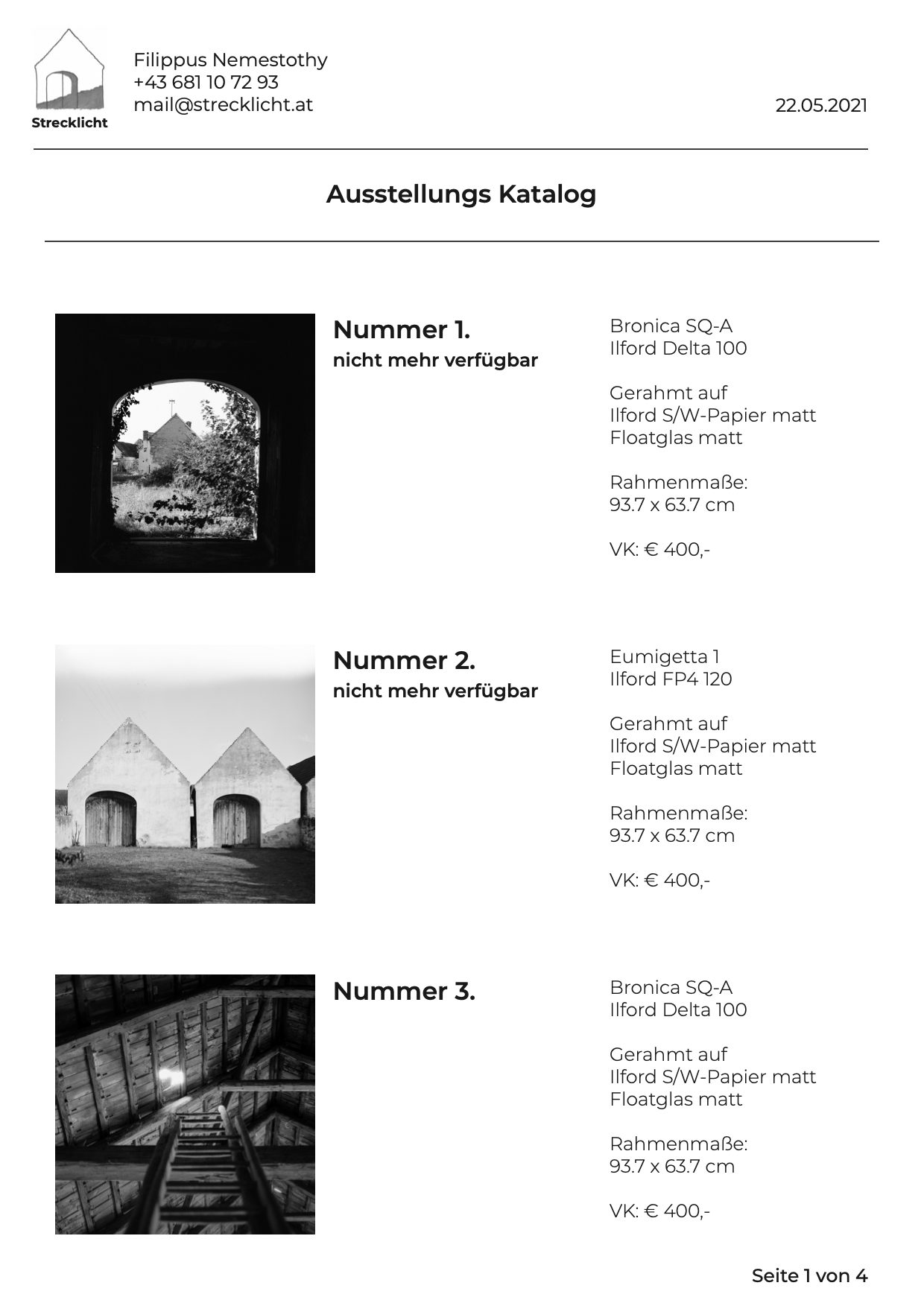 Katalog Seite 1: Nummer 1 (nicht mehr verfügbar), Nummer 2 (nicht mehr verfügbar), Nummer 3; je 93,7 x 63,7 cm, gerahmt, € 400
