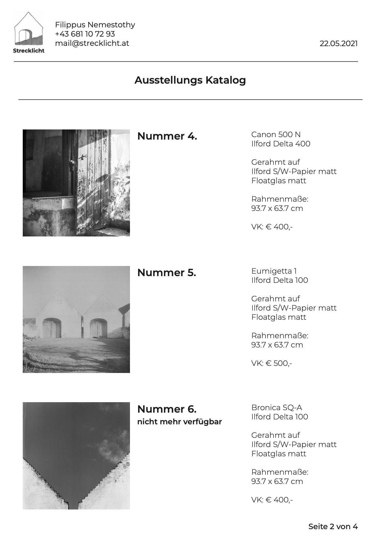 Katalog Seite 2: Nummer 4, Nummer 5 (€ 500), Nummer 6 (nicht mehr verfügbar); je 93,7 x 63,7 cm, gerahmt
