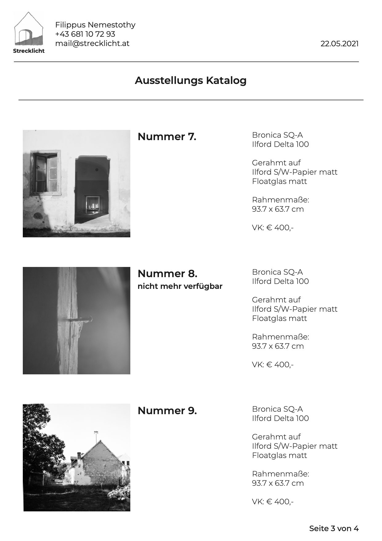 Katalog Seite 3: Nummer 7, Nummer 8 (nicht mehr verfügbar), Nummer 9; je 93,7 x 63,7 cm, gerahmt, € 400